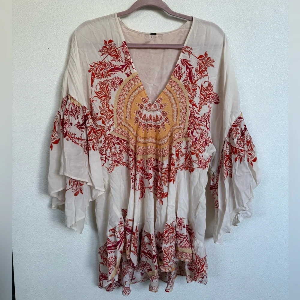 Free People Bohemian Ruffle Tunic Top Small Cream Red Festival Blouse - Picture 3 of 11